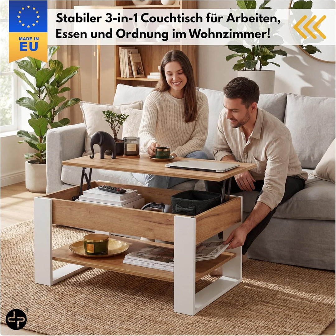 Couchtisch Höhenverstellbar mit Stauraum | Wohnzimmertisch Klappbar | Höhenverstellbarer Coffee Tabl