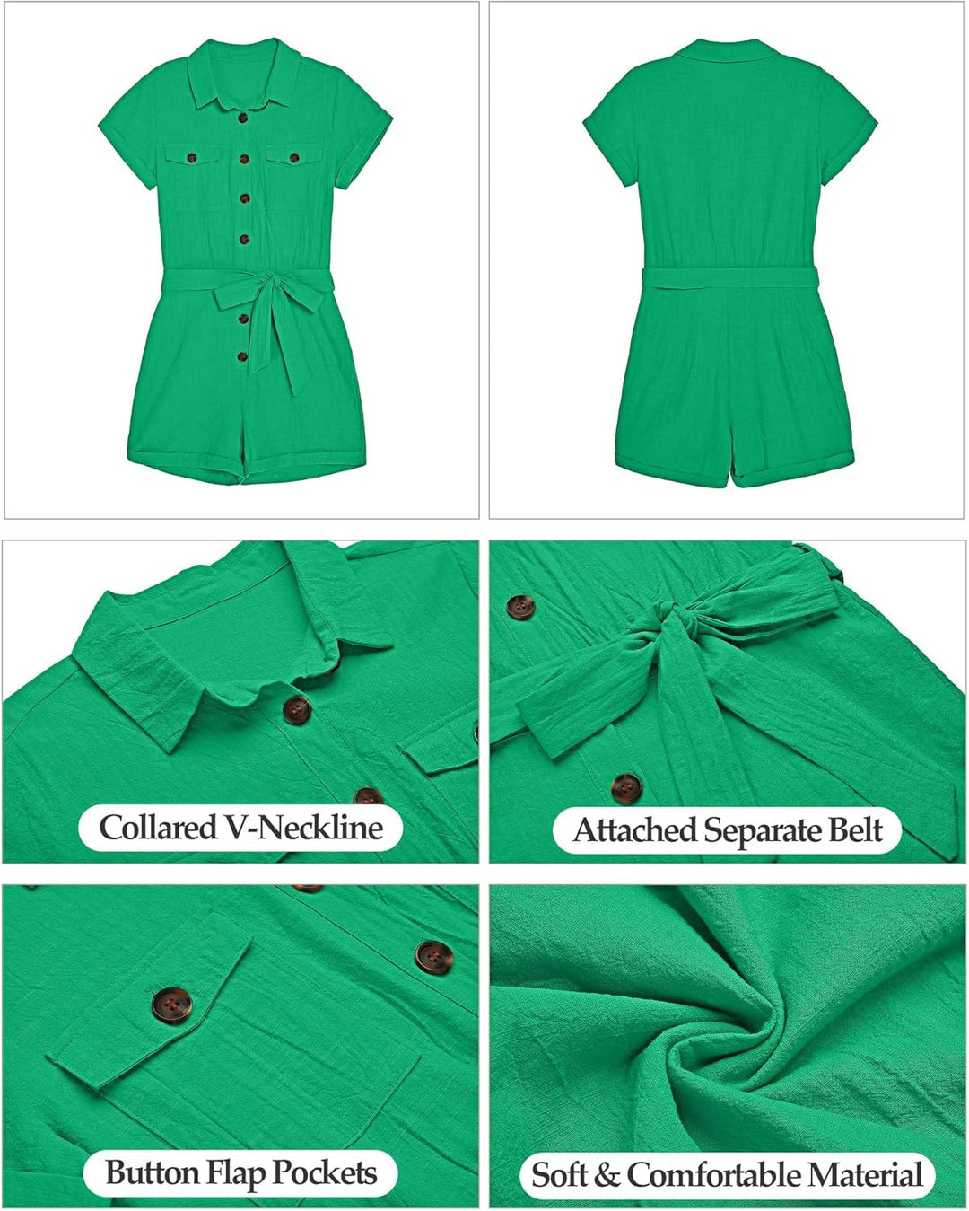 Roskiky Damen Sommer Taschen Gürtel Strampler Knopf Kurzarm Jumpsuit Playsuit L Lustiges Grün, L Lus