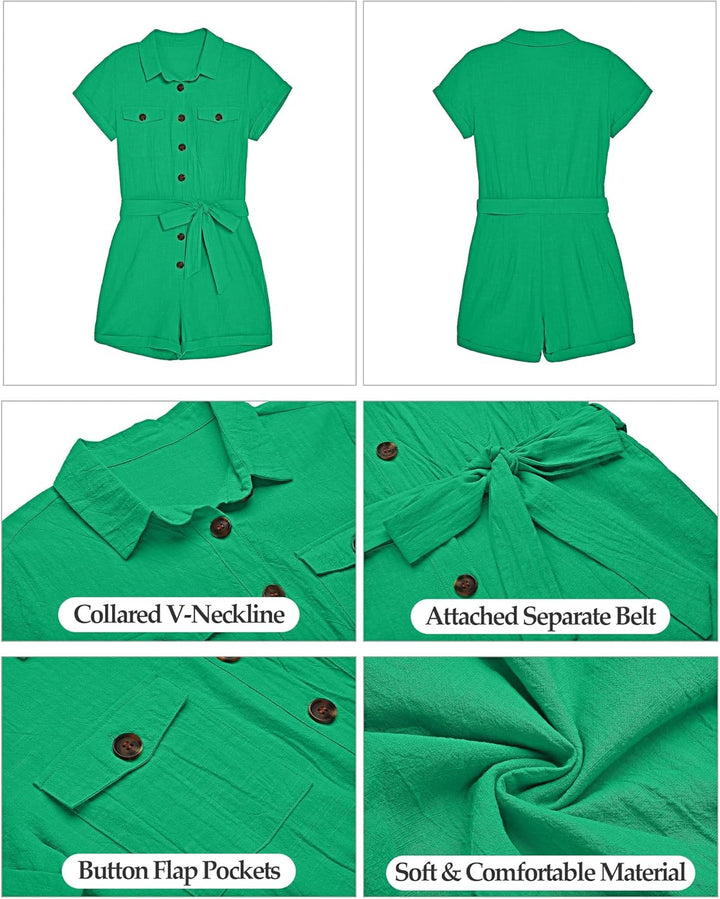 Roskiky Damen Sommer Taschen Gürtel Strampler Knopf Kurzarm Jumpsuit Playsuit L Lustiges Grün, L Lus