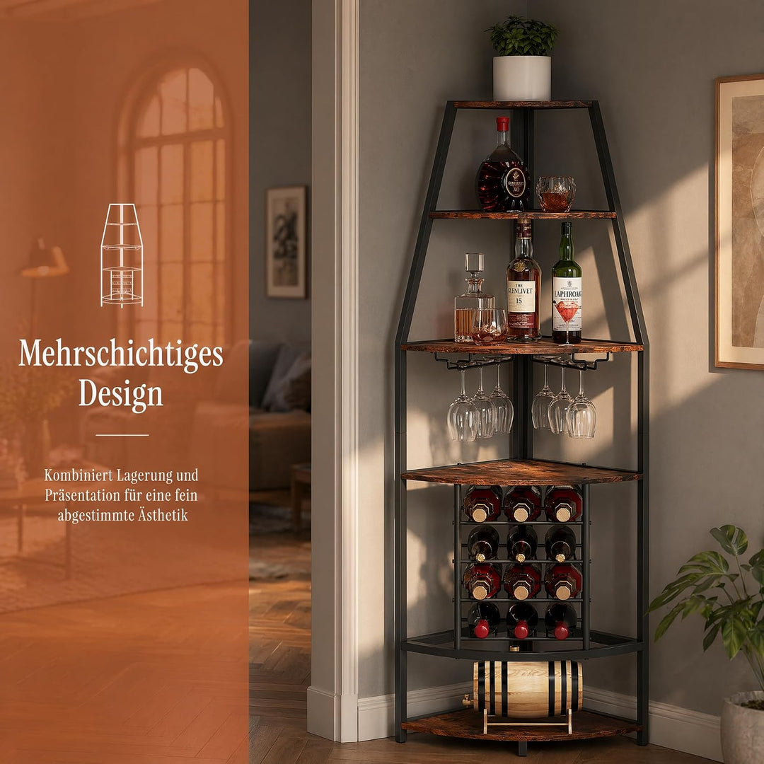 5-stöckiges Eck-Weinregal, stehend Barschrank mit Glashalter and Weinaufbewahrung, industrielles Win