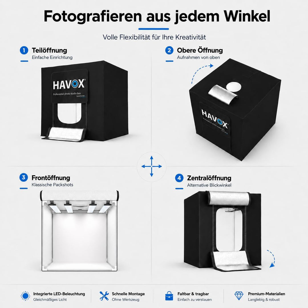 HAVOX - Fotostudio HPB-40XD - Masse 40x40x40cm - 4X Dimmbare LED-Beleuchtung Tageslicht 5500k - 26,0
