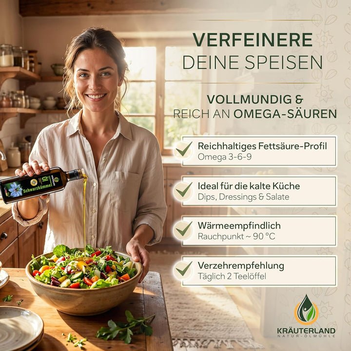 Kräuterland Schwarzkümmelöl 500ml, gefiltert, 100% Nigella Sativa, ohne Zusatz von Aromen-, Farb- &
