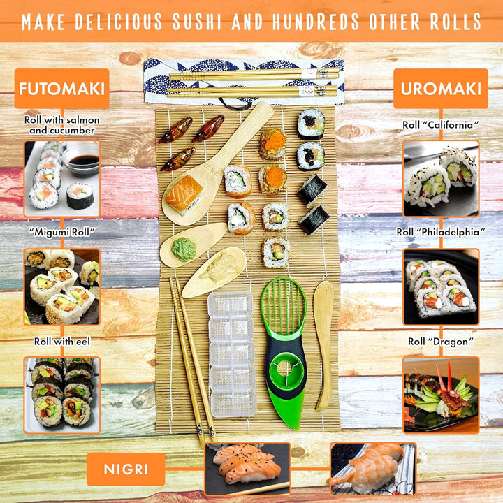 Sushi Set 14-teilig - Bambus Sushi Maker Kit Rollmatte für Anfänger - 2 Matten, 3 Paar Essstäbchen m