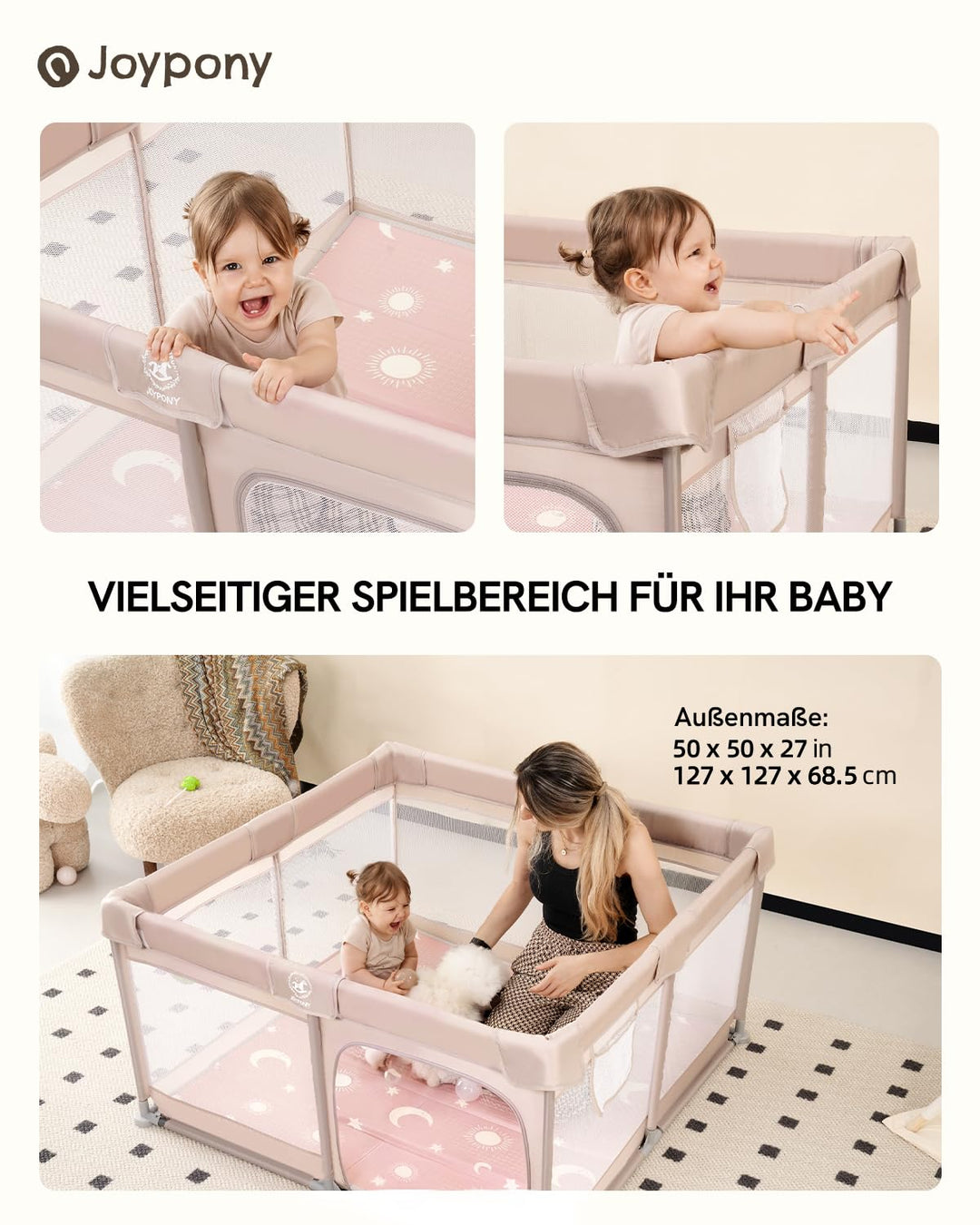 Joypony Baby Laufstall 127 x 127 cm mit Matte, Laufgitter Baby mit atmungsaktivem 360° Netz, rutschf