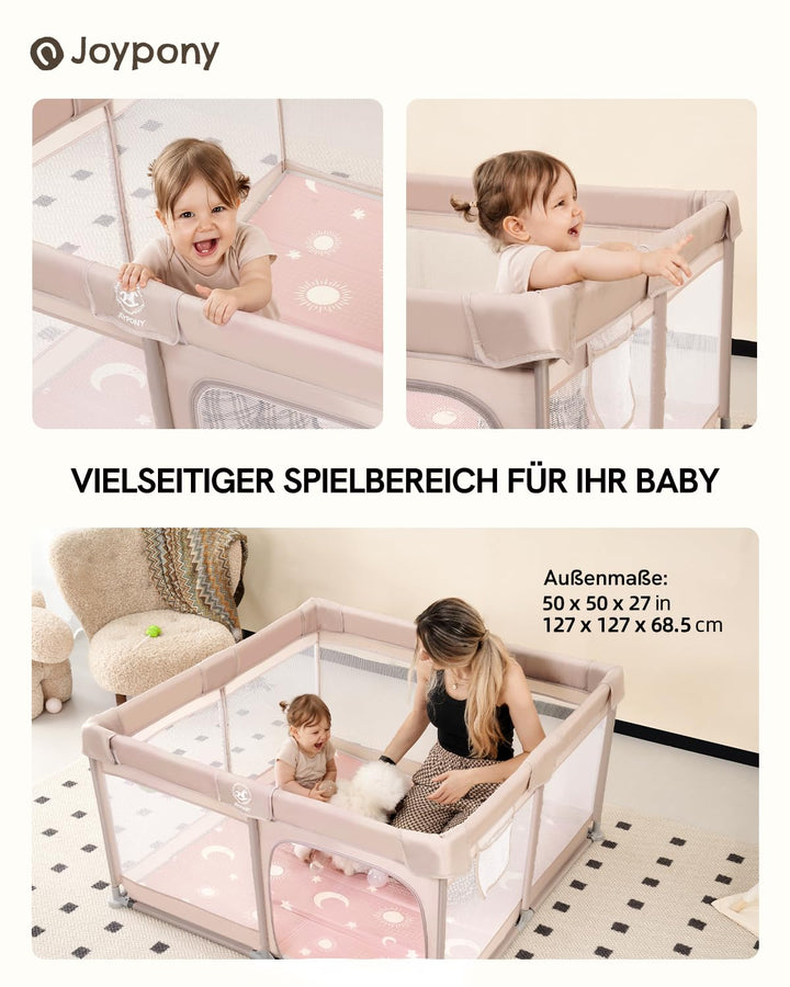 Joypony Baby Laufstall 127 x 127 cm mit Matte, Laufgitter Baby mit atmungsaktivem 360° Netz, rutschf
