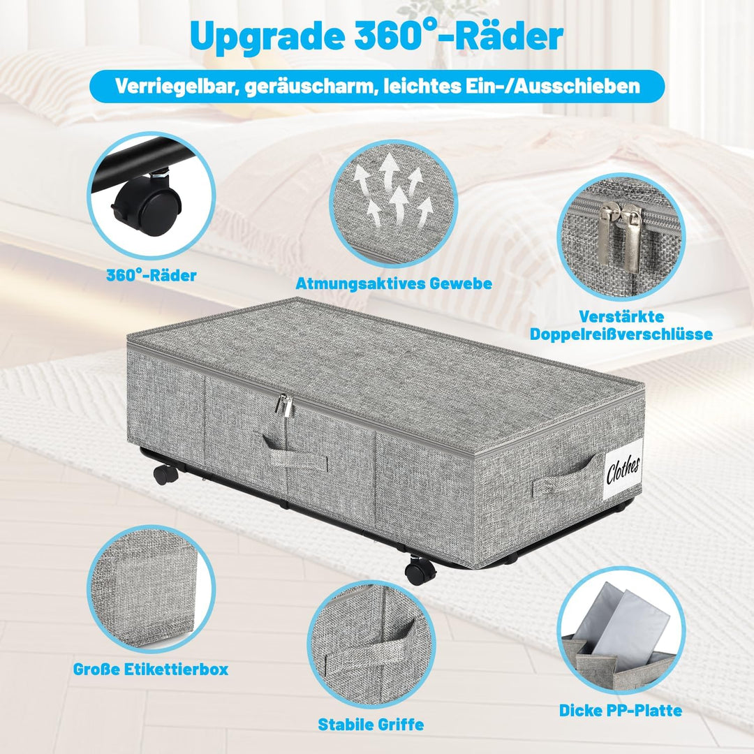 Unterbett Aufbewahrungsbox mit Rollen & 3 Griffen, 2er Set Faltbare Unterbett Kommode 50L, Faltbare