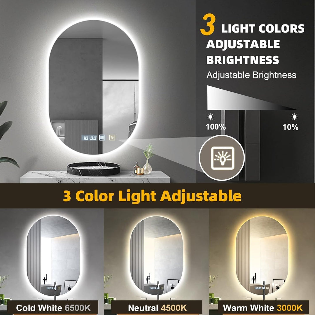 Viugreum Badspiegel mit Beleuchtung 50x75cm, Oval LED Badezimmerspiegel, Dimmbar 3 Lichtfarbe, Entfo