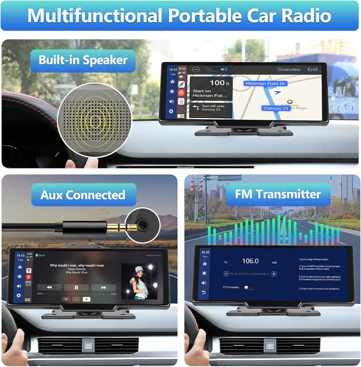 Podofo Wireless Apple Carplay & Android Auto Tragbares Autoradio mit 9,3 Zoll Bildschirm Stereo, Dra