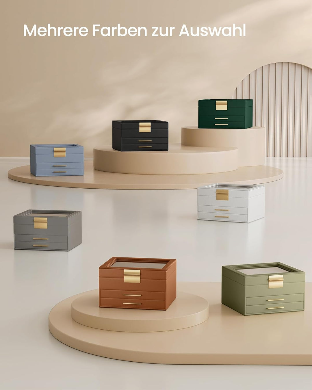SONGMICS Schmuckkästchen mit Glasdeckel Schmuckkasten mit 3 Ebenen, Schmuckbox mit 2 Schubladen, Sch