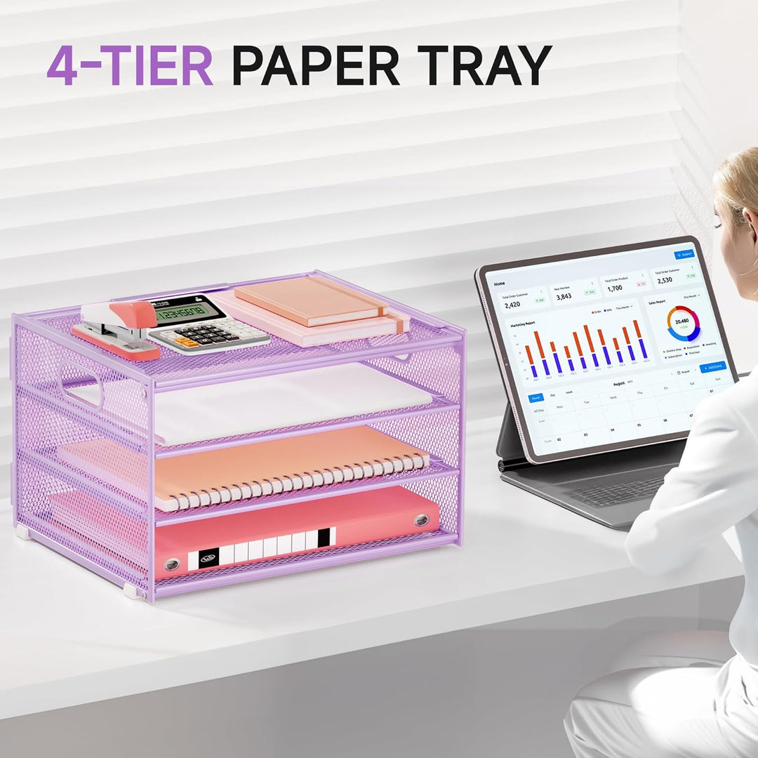 Marbrasse Schreibtisch Organizer,4-Stufiges Metall Netz-Briefablage mit Griff,Zeitungsordner,Papier