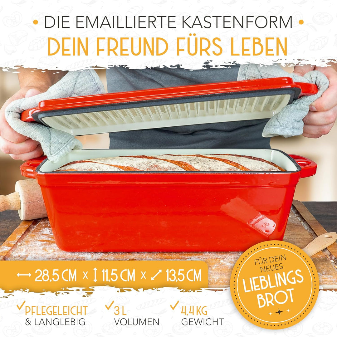 KRUSTENZAUBER Emaille Brotbackfrom mit Deckel inkl. Gärkorb - Robuste 28cm Backform aus Gusseisen -