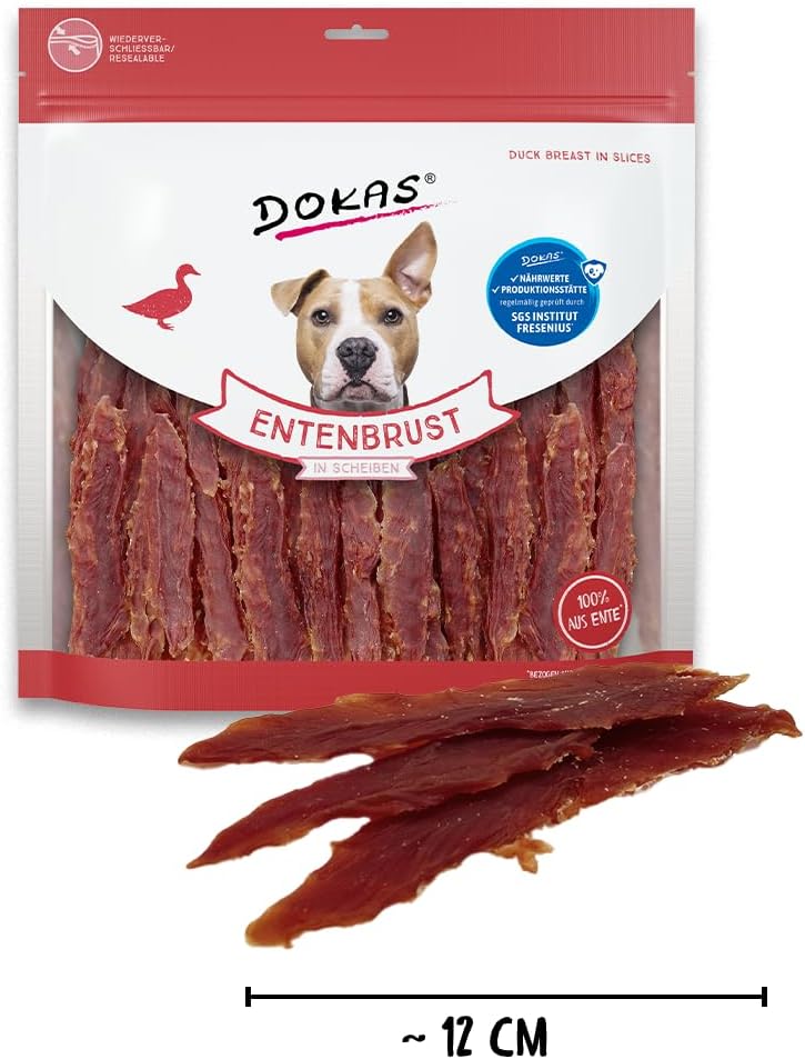 DOKAS Getreidefreier Premium Snack in Streifen für Hunde – Aus Entenbrustfilet, 900 g (4er Pack)