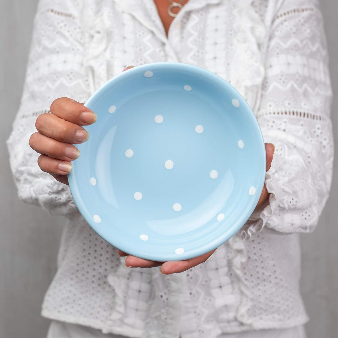City to Cottage® - Keramik Suppenteller 18.5 cm | Hellblau und Weiss | Polka Dots | Handgemacht | Ke