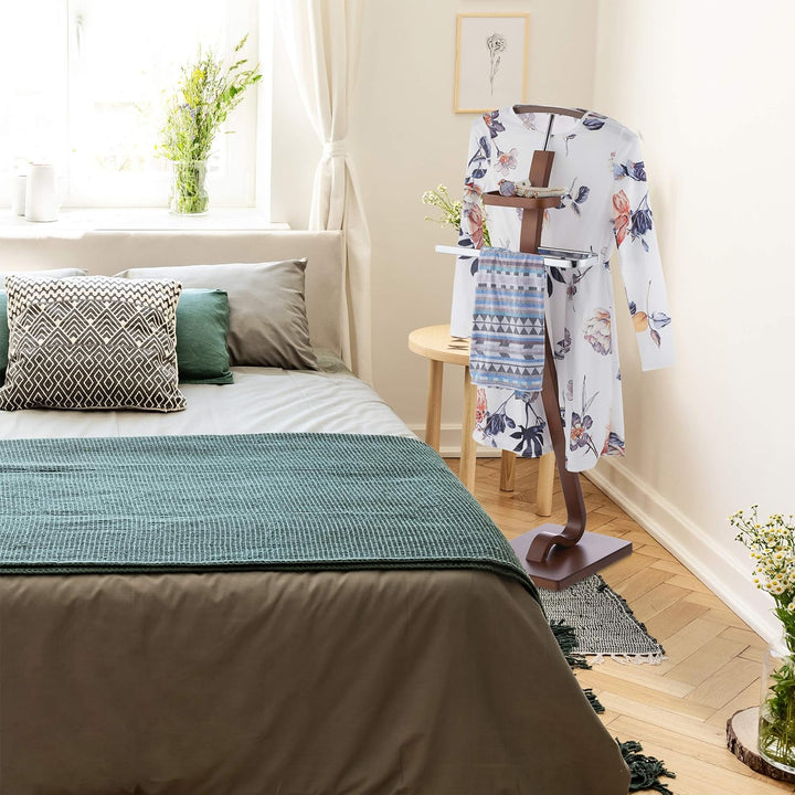 Relaxdays, Dunkelbraun Herrendiener Wallnussoptik, Stummer Diener aus Holz & Metall, Kleiderbutler H