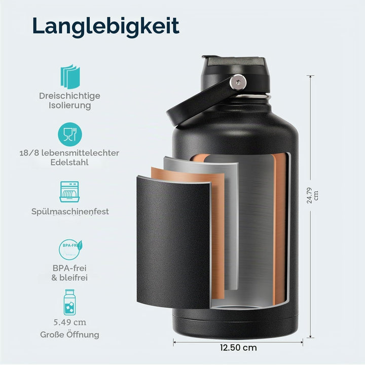 Buzio vakuumisolierte Edelstahl-Wasserflasche, 2 liter (hält kalt für 48 Stunden), BPA-frei, doppelw
