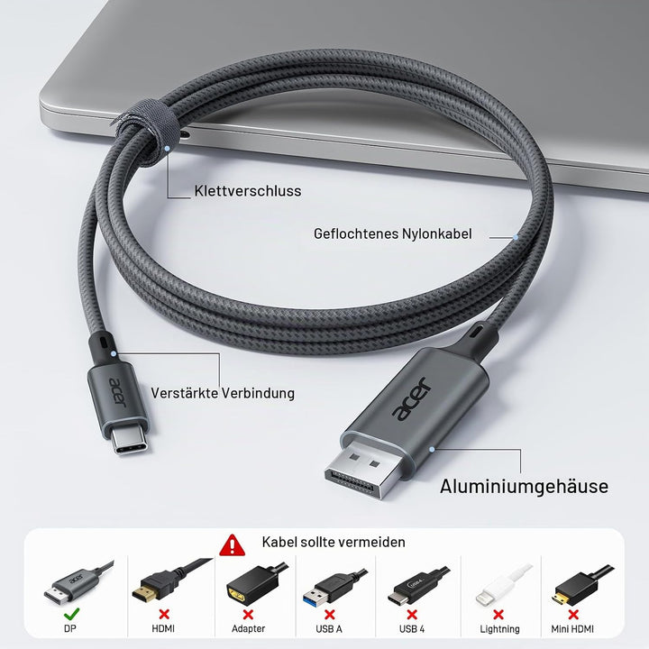 acer USB C Displayport Kabel (4K@60Hz, 2K@165Hz), Typ C Thunderbolt 3/4 auf DP Kabel mit MST, Freesy