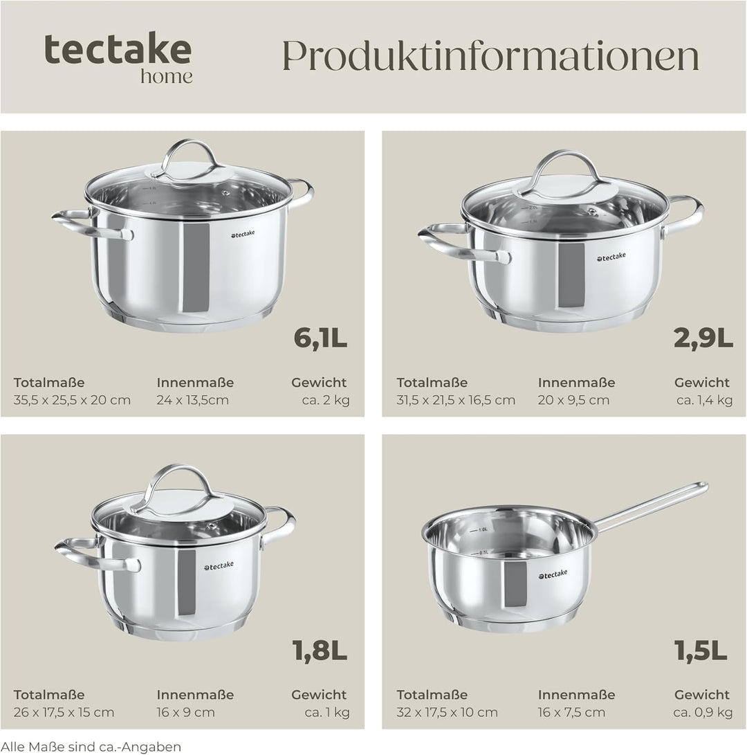 tectake® 7-tlg. Topfset, Edelstahl Kochgeschirr, Töpfe Set mit Deckel, Kochtopf Set für Induktionsko