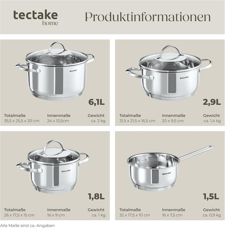 tectake® 7-tlg. Topfset, Edelstahl Kochgeschirr, Töpfe Set mit Deckel, Kochtopf Set für Induktionsko