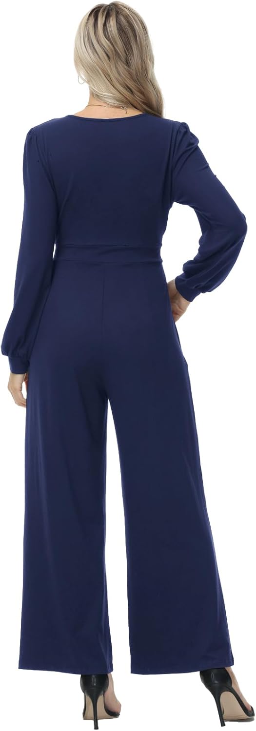 Tanmolo Damen Lang Jumpsuit Langarm V-Ausschnitt Overall Elegant Hosenanzug Weites Bein Romper Mit T