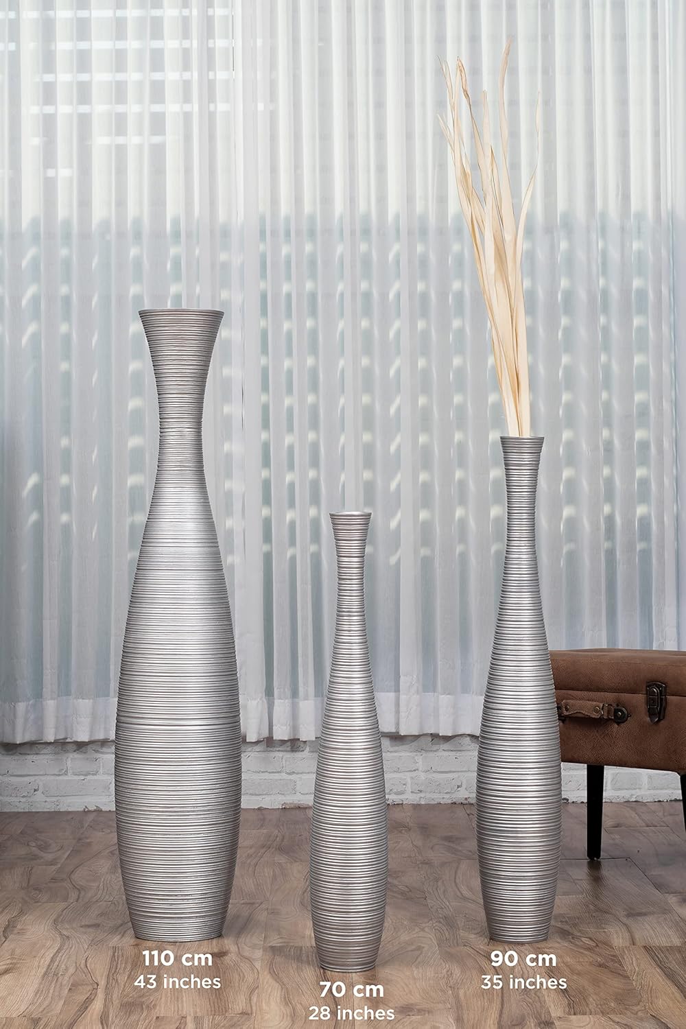 Leewadee Grosse Bodenvase für Dekozweige hohe Standvase Design Holzvase, Holz, 70 cm, Silber 70 cm S
