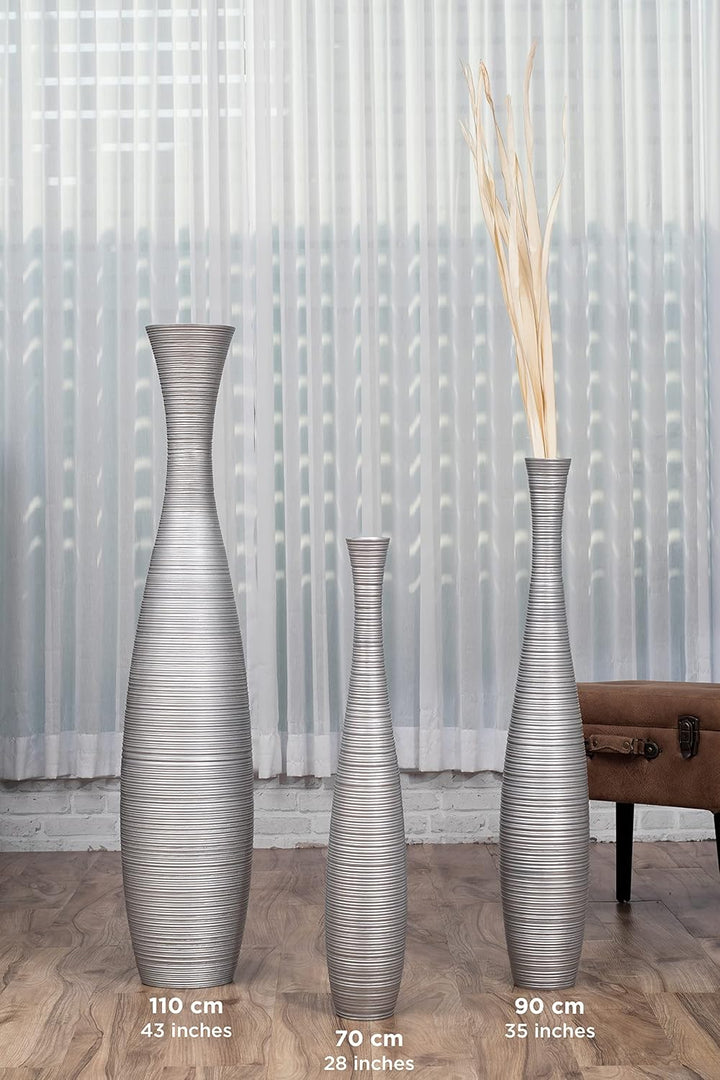 Leewadee Grosse Bodenvase für Dekozweige hohe Standvase Design Holzvase, Holz, 70 cm, Silber 70 cm S