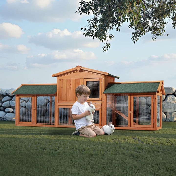 Wiltec XXL Hasenstall 2110 x 530 x 835 mm mit Freilaufgehege und erhöhtem Unterschlupf aus Kiefernho