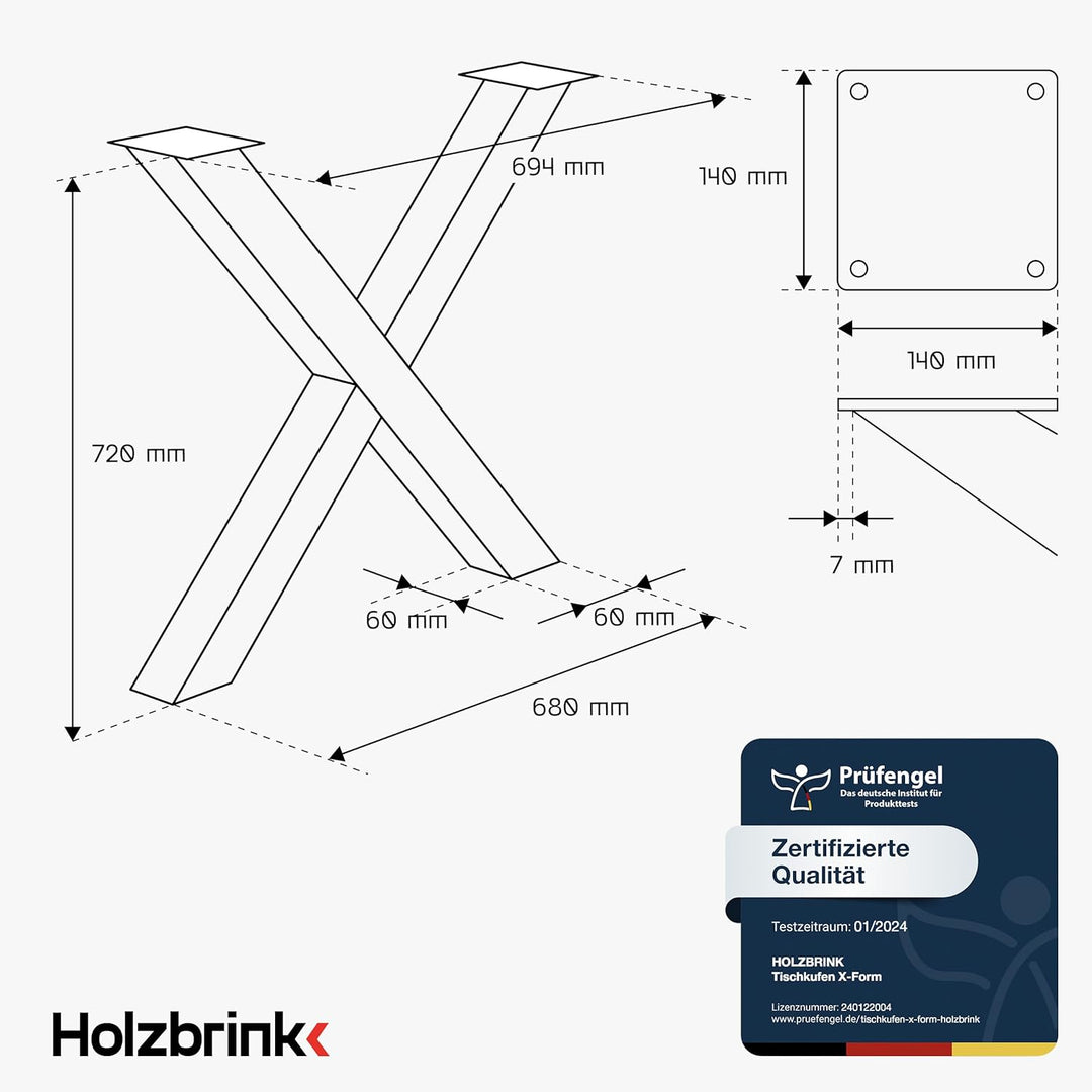 HOLZBRINK Tischkufen X-Form aus Vierkantprofilen 60x60 mm, x-förmiges Tischgestell 70x72 cm, Verkehr