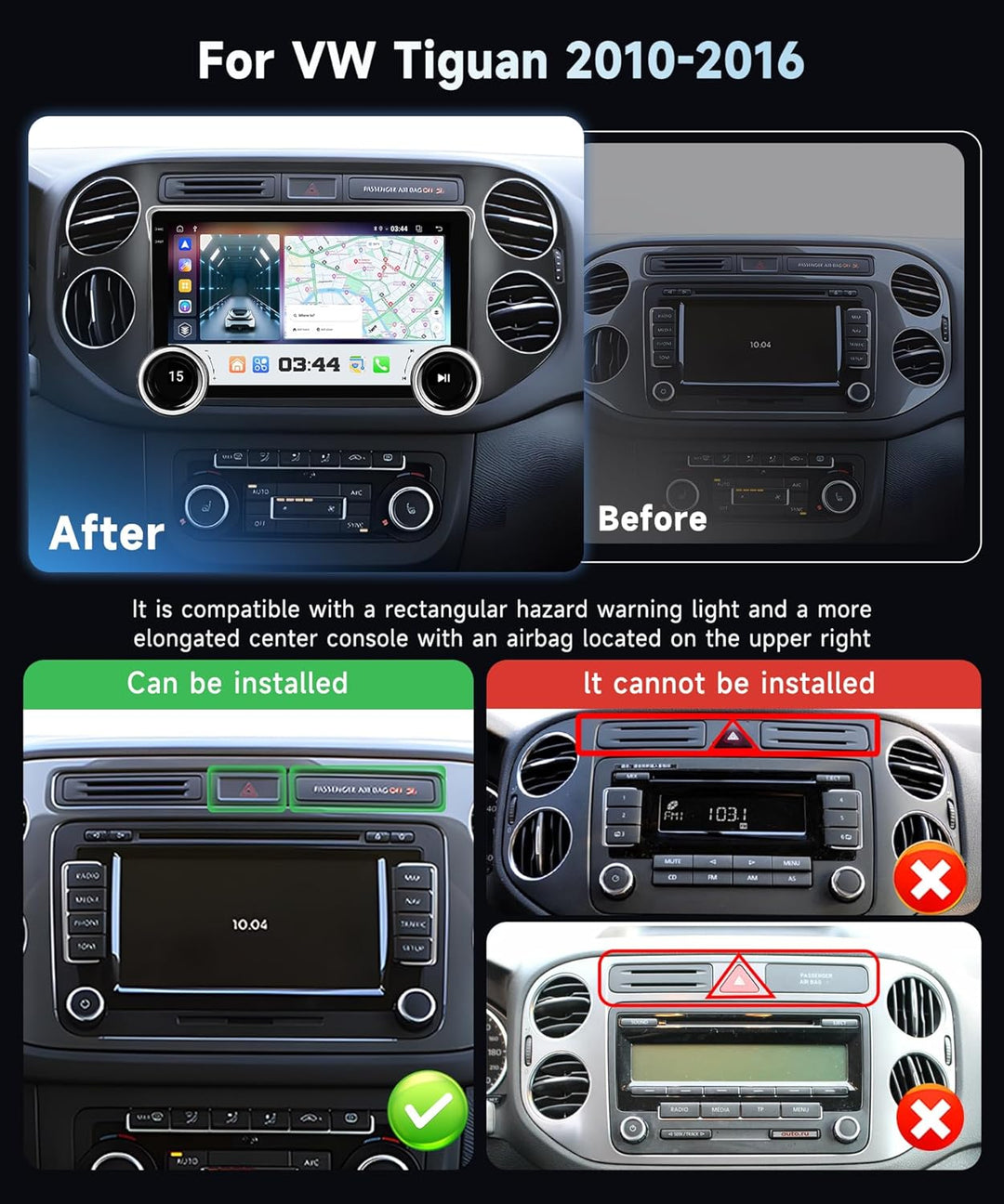 4G+64G VECHTEL 10.1“ Autoradio 2 Din für VW Tiguan 2010-2016 Android 15,HD IPS Touchscreen Doppelkno