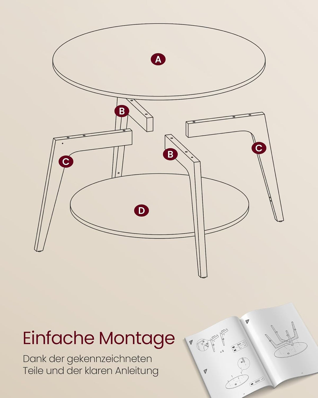 VASAGLE Couchtisch rund, Wohnzimmertisch 2 Ebenen, Kaffeetisch für Wohnzimmer, 80 cm d, 45 cm H, ein