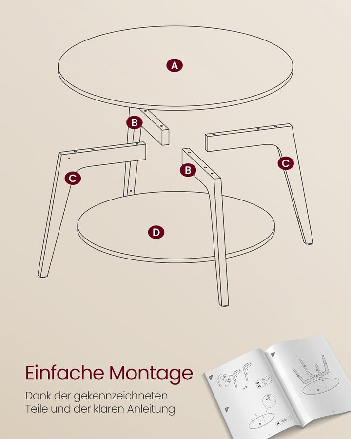 VASAGLE Couchtisch rund, Wohnzimmertisch 2 Ebenen, Kaffeetisch für Wohnzimmer, 80 cm d, 45 cm H, ein