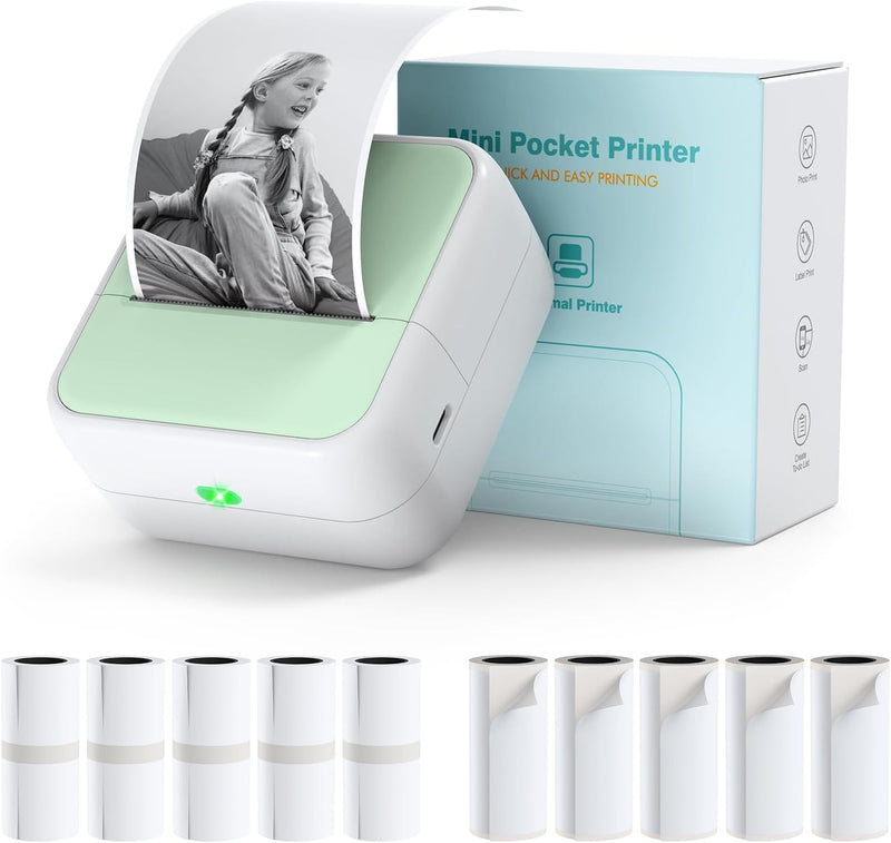 Bisofice Mini Drucker für Smartphone mit 11 Rollen Druckerpapier, Sticker Drucker Mini Drucker Aufkl