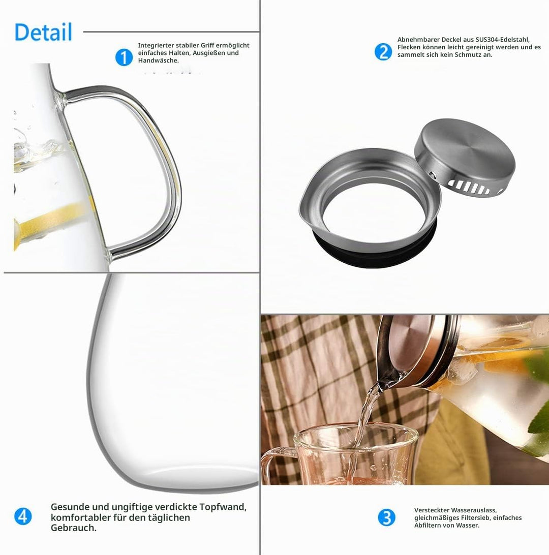 Ehugos Glaskaraffe Wasserkrug aus Borosilikatglas Wasserkaraffe mit Edelstahl Deckel Glaskrug (2L),