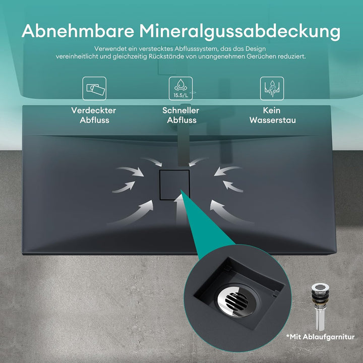 Waschbecken Col810 Hänge-Waschtisch Aufsatz-Waschschale Mineralguss Anthrazit matt 1 Armaturenloch r