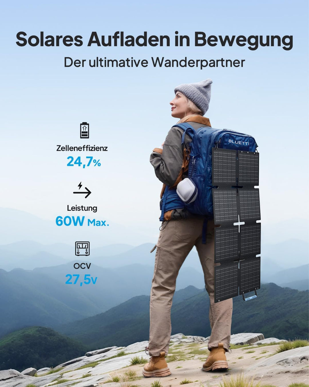 BLUETTI 60W Solarpanel für tragbare Power Station Handsfree 1 Handsfree 2 AC2A, USB-A und USB-C Port