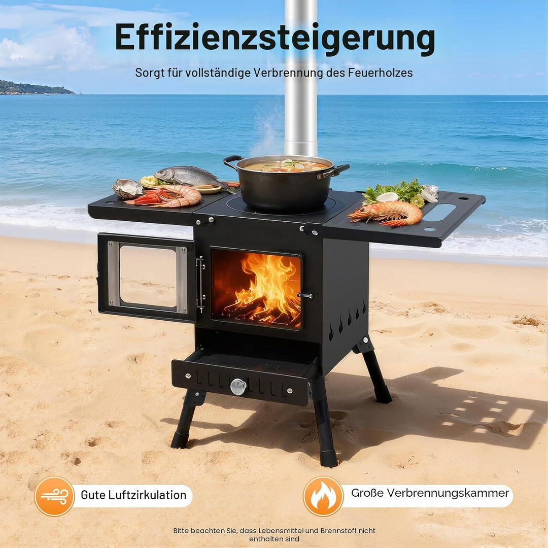 Klappbarer Holzofen Camping mit Schornstein, Höhenverstellbar 36-56cm Tragbarer Zeltkocher für Outdo