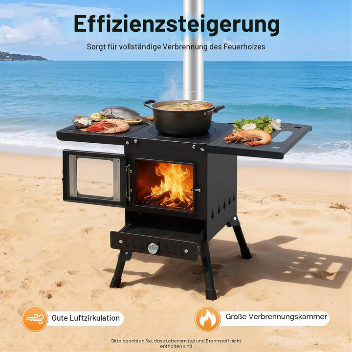 Klappbarer Holzofen Camping mit Schornstein, Höhenverstellbar 36-56cm Tragbarer Zeltkocher für Outdo