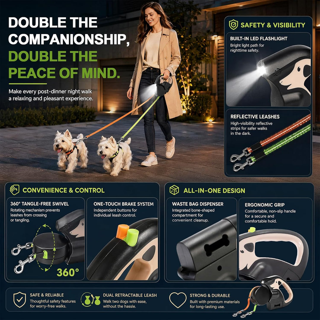 CEWROM Doppelleine für 2 Hunde, Ausziehbare Anti-Verwickel-Hundeleine mit 360° Drehung, Integrierter