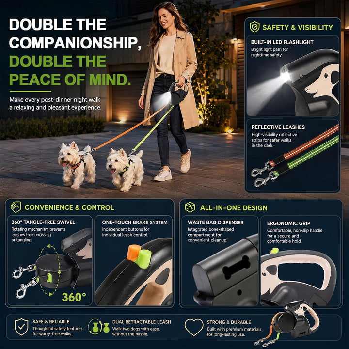 CEWROM Doppelleine für 2 Hunde, Ausziehbare Anti-Verwickel-Hundeleine mit 360° Drehung, Integrierter