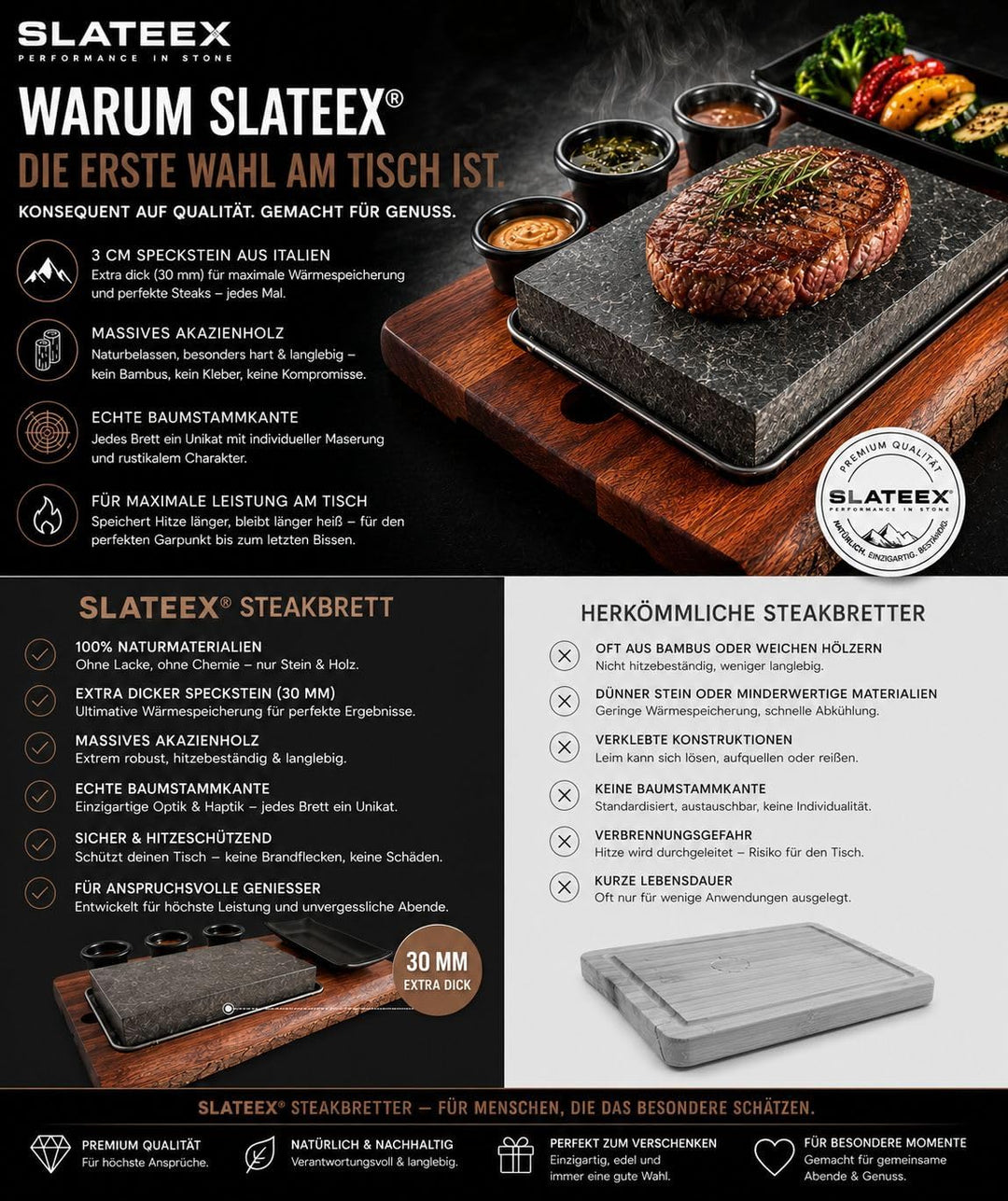 Heisser Stein Steak Set mit Akazienholzbrett – Lavastein zum Grillen am Tisch, Steakstein mit Edelst