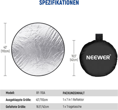 NEEWER 43"/110cm Fotografie Reflektor Licht Diffusor & Farbschlüssel Platte,7 in 1 Pop up Reflektor