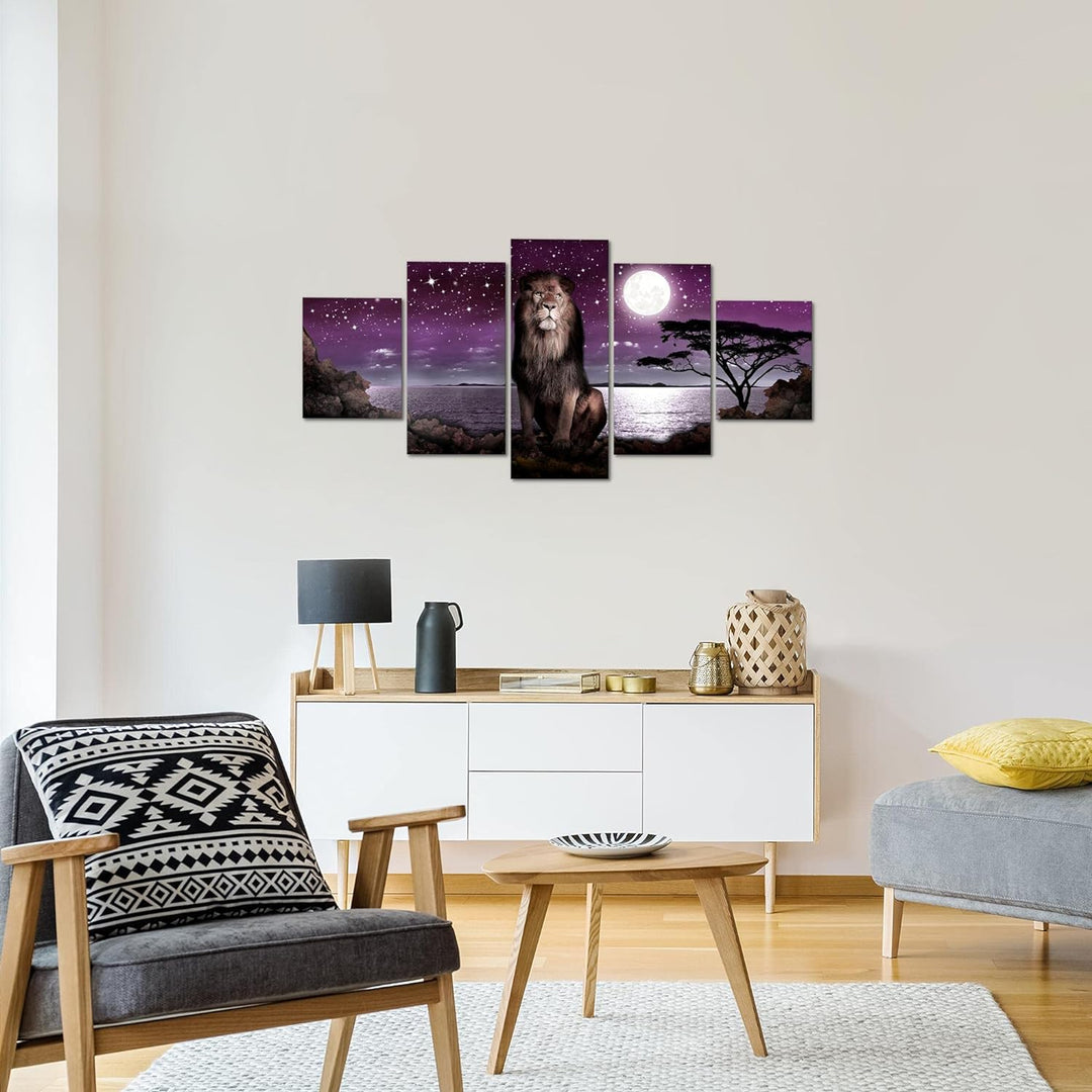 Runa Art Wandbilder Afrika Löwe 5 Teilig Bild auf Vlies Leinwand Deko Wohnzimmer Schlafzimmer Mond L