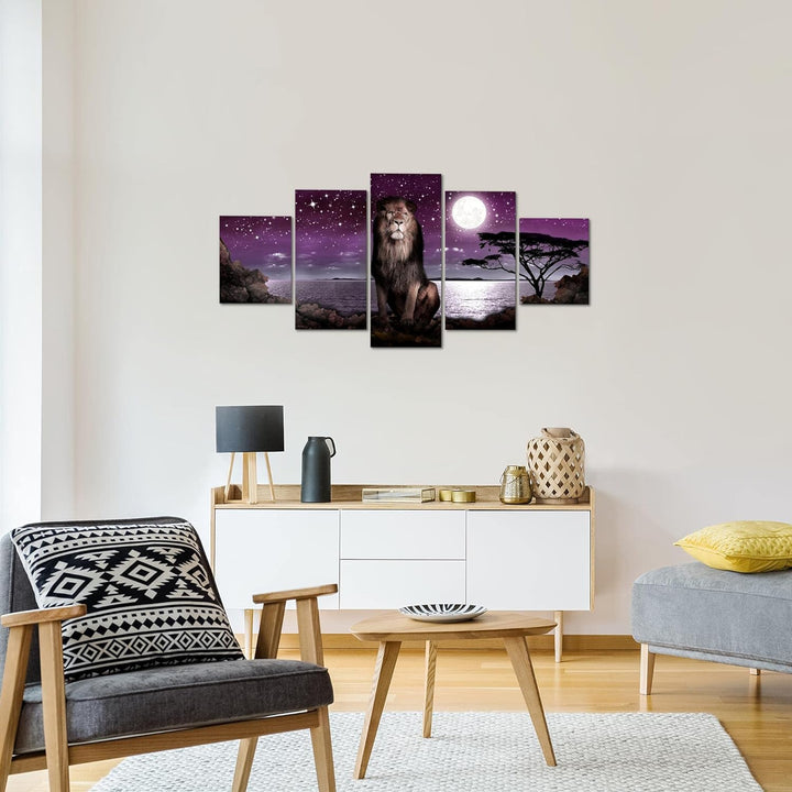 Runa Art Wandbilder Afrika Löwe 5 Teilig Bild auf Vlies Leinwand Deko Wohnzimmer Schlafzimmer Mond L