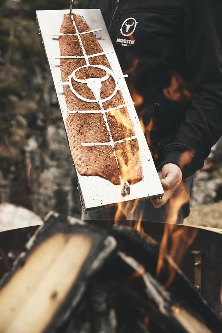 MOESTA-BBQ 19764 FlameBoard - Flammlachsbrett XXL, Edelstahl - sofort einsatzbereit, drehbar, neigba