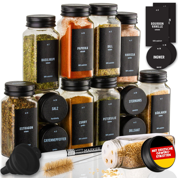 Deco haus® Gewürzgläser eckig mit Schraubkappe 12er Set [+Etiketten & Streueinsatz] - Gewürzdosen Se