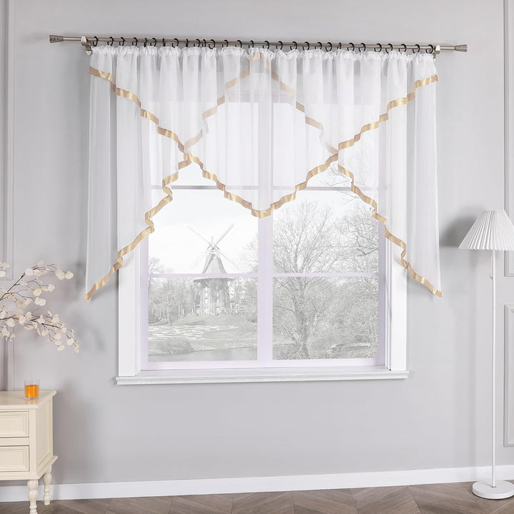HongYa Kuvertstore transparenter Voile Gardine mit Satinbänder Kräuselband Vorhang H/B 120/450 cm Sa