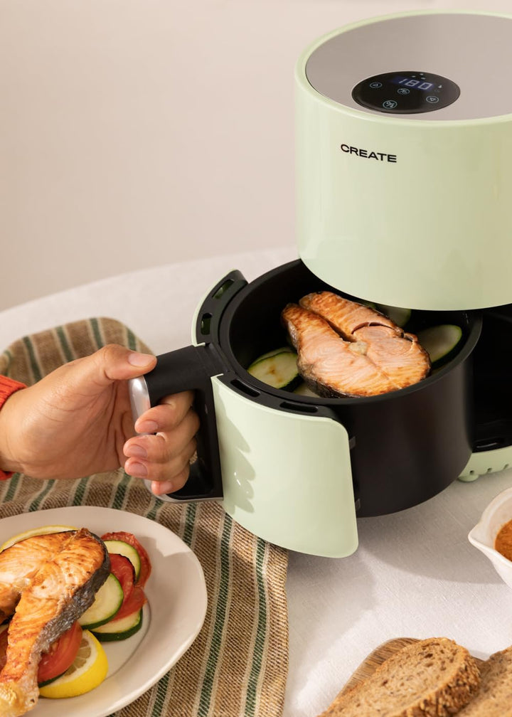 CREATE/FRYER AIR/Heissluftfritteuse 1.5L Pastellgrün/Antihaft-Korb, automatische Abschaltung, BPA-fr