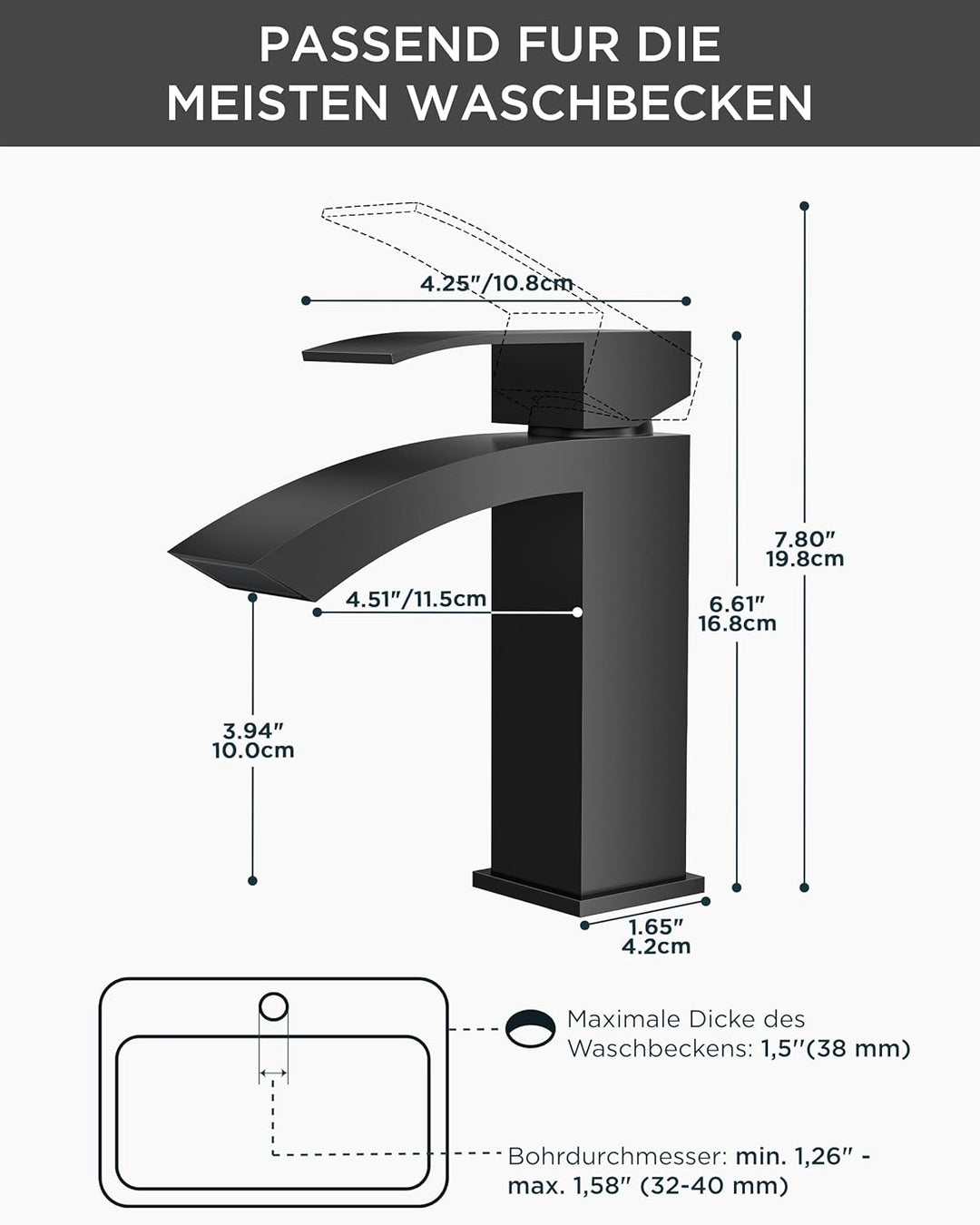 FORIOUS Wasserhahn Bad Schwarz, Wasserfall Waschtischarmatur mit Auslauf Höhe 100 mm, Mischbatterie