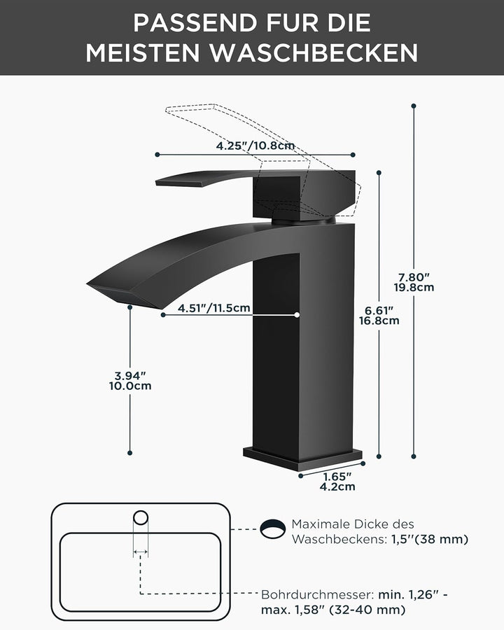 FORIOUS Wasserhahn Bad Schwarz, Wasserfall Waschtischarmatur mit Auslauf Höhe 100 mm, Mischbatterie
