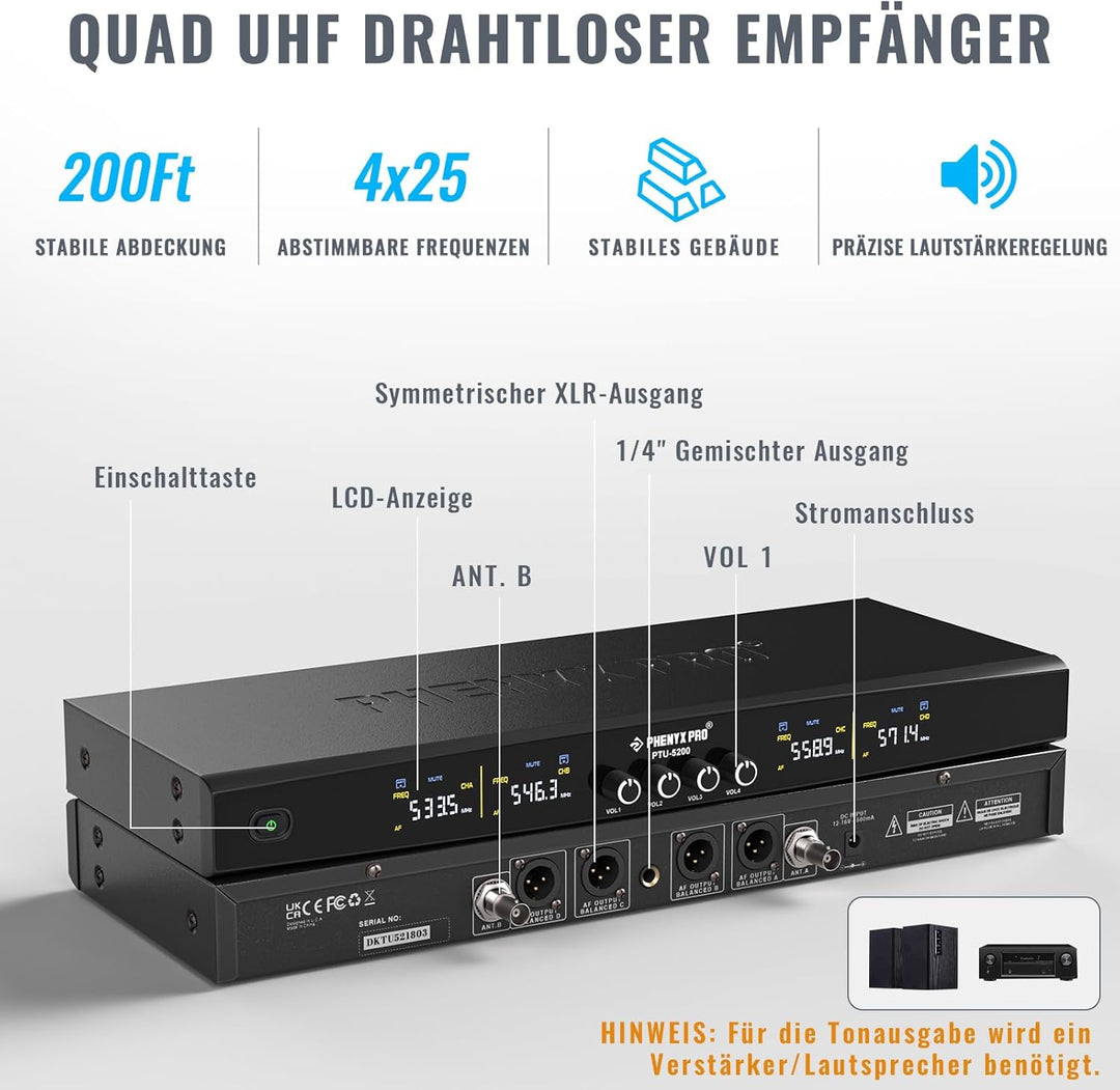 Phenyx Pro Drahtloses Mikrofonsystem, 4-Kanal-Drahtlosmikrofon-Set mit Hand-/Taschen-/Kopfbügel-/Ans