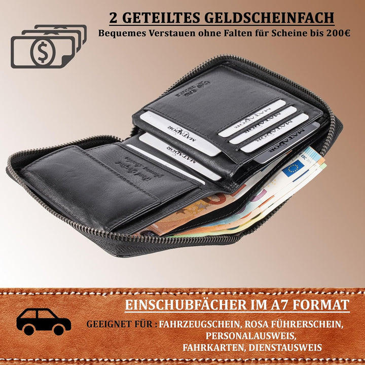MATADOR® Leder Geldbörse Herren mit Reissverschluss Black Geldtasche TüV geprüfter RFID & NFC Schutz